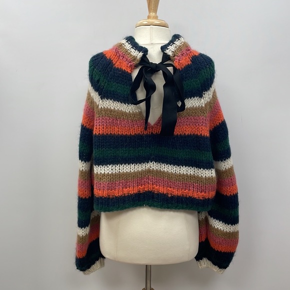 Zara Striped Slouchy Chunky Knit Balloon Sleeve Crop Sweater Retro Boho Small - Picture 7 of 12
